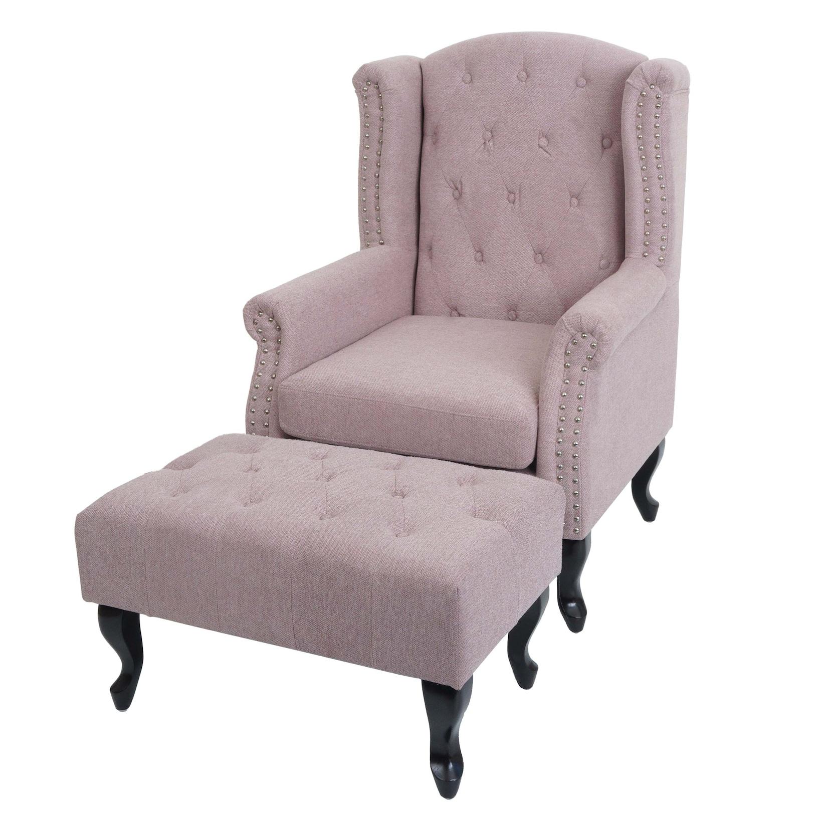Sessel Chesterfield Oxford, Relaxsessel Clubsessel Ohrensessel, wasserabweisend Stoff/Textil ~ hellrosa mit Ottomane