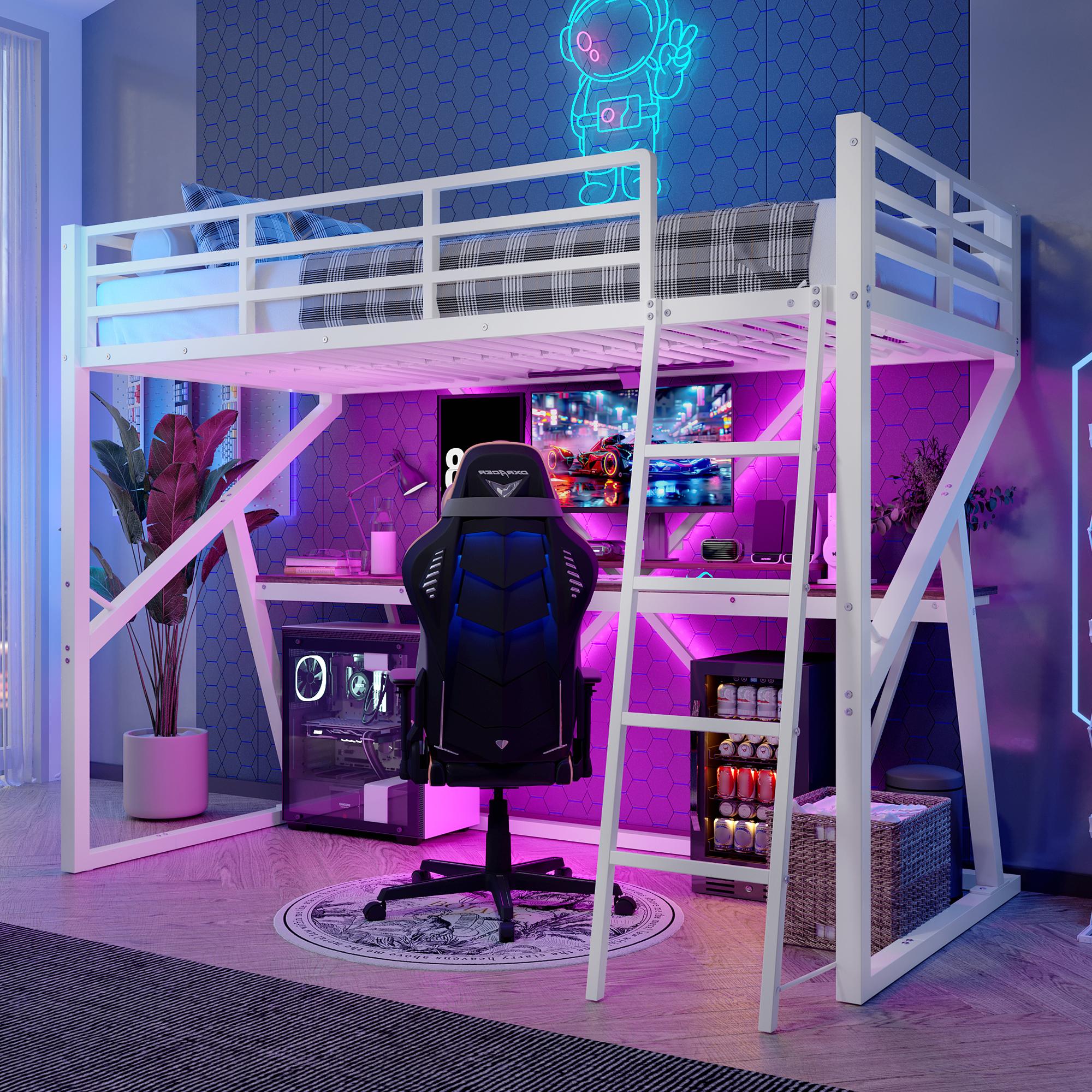 Sweiko Hochbett, 90 x 200cm, Eisenrahmen, LED-Leiste, Geländer, Treppe, Schreibtisch, ohne Matratze, Weiß