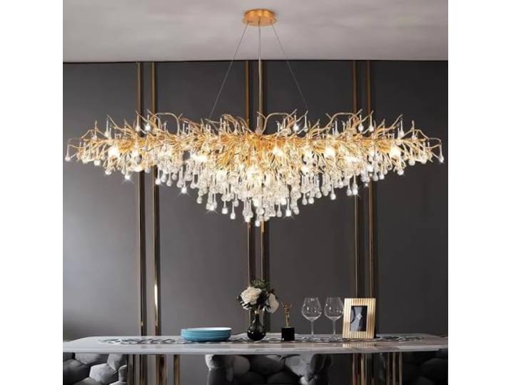 Leomix Baumzweig-Kronleuchter Gold, Luxuriöser Rechteckiger Kristall-Regentropfen-Pendelleuchter mit 12 Lampen, Hängeleuchte für Kücheninsel, Wohnzimmer, Esszimmer, Foyer & Eingangsbereich, L120 cm