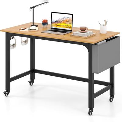 COSTWAY Schreibtisch, Computertisch mit 4 Rädern, Stofftasche & Kopfhörerhaken, rollbar, 120x60x75cm, Natur