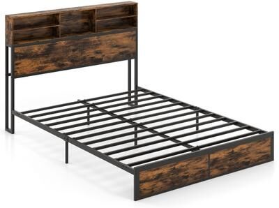 Costway Twin/Full/Queen/King Size Bed Frame with Storage Headboard Industrial Metal Platform Bed-Queen Size