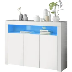 OKWISH Sideboard 130x35x95 cm Hochglanz Weiß mit LED-Beleuchtung, 3 Türen, 2 offene Fächer, Regal innen verstellbar, modernes Design