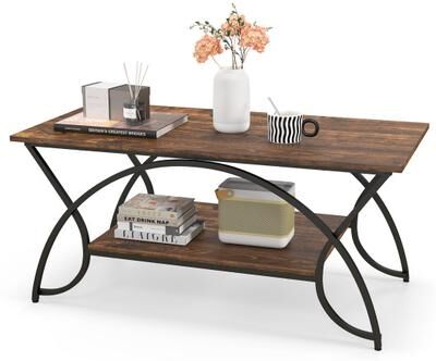 Costway 2-Tier Faux Marble Coffee Table with Marble Top and Metal Frame-Rustic Brown