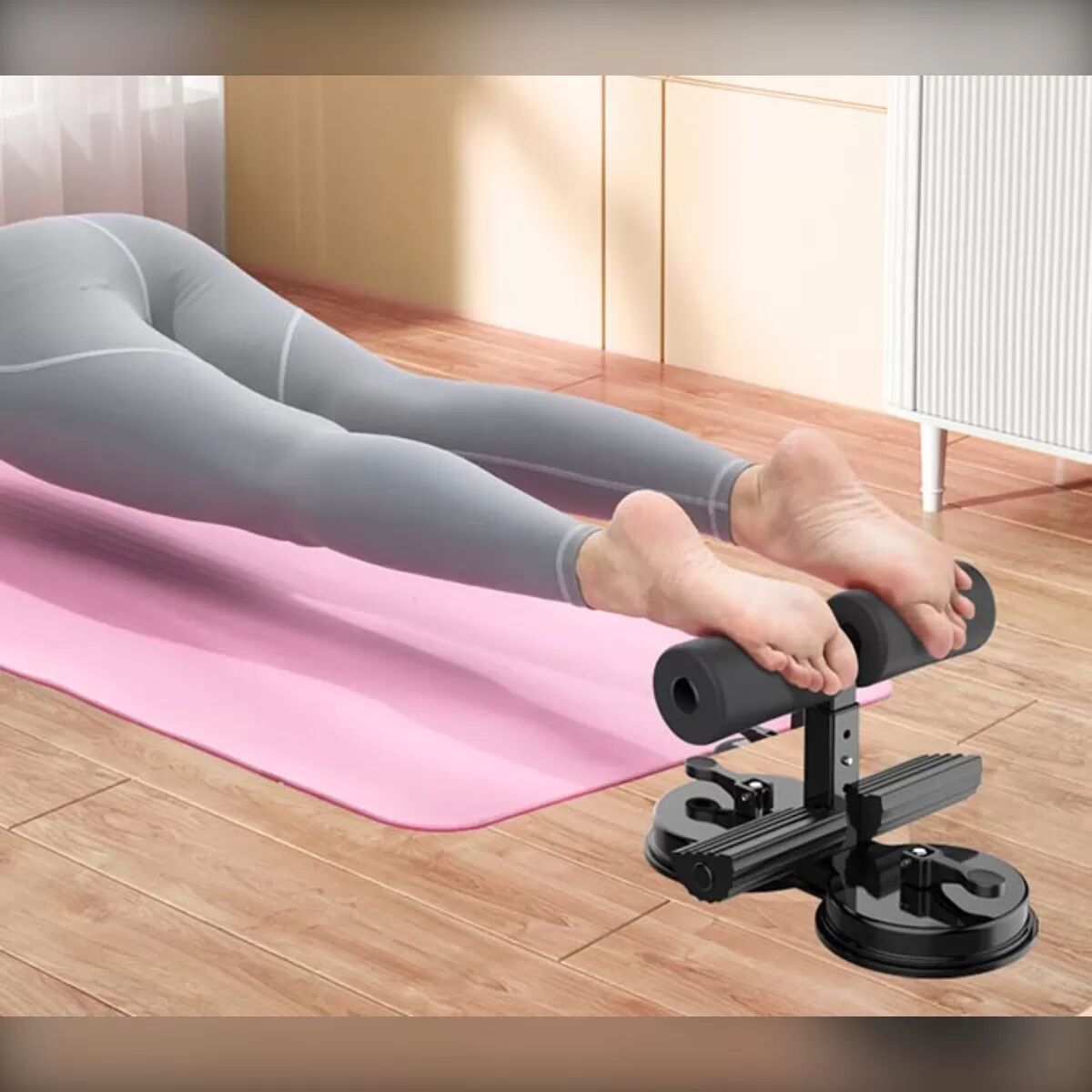 INF Widerstandsband Bauchtrainer mit Doppel-Saugfuß - Core Stärkung & Home Fitness Workout Rosa+Grau
