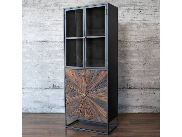 Vitrine Altholz MERID Industrial recycelt Massivholz & Eisen Stern Sonne