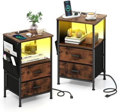 Costway End Table with Charging Station Set of 2 Nightstand with 2 Folding Fabric Drawers