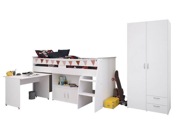 58 aufm Kessel Jugendzimmer-Set Kinderzimmer Set Parisot Reverse 2-tlg. Holzdekor Weiß, (inkl. Versand, Lieferung bis Verwendungsstelle), Komplettzimmer mit Bett 90x200 + Schreibtisch,Kleiderschrank 2-trg.