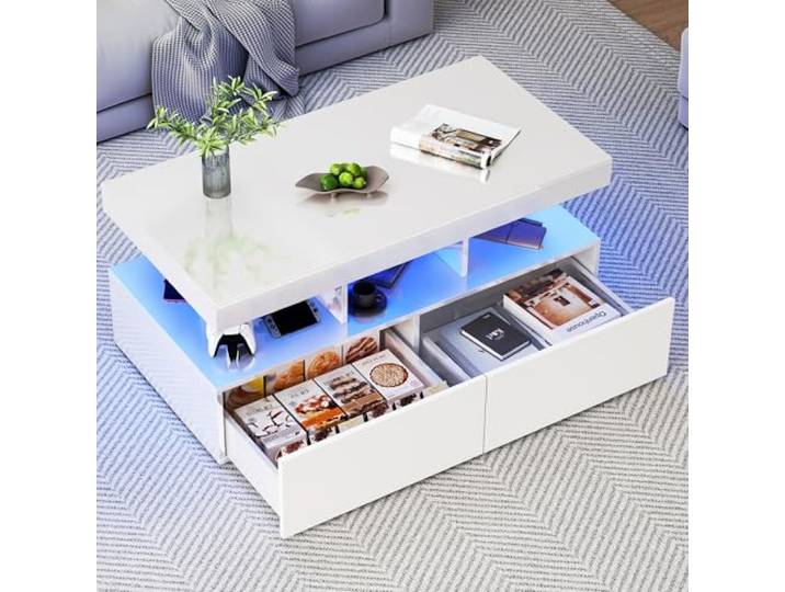 JiaOyu Couchtisch mit LED Beleuchtung, Hochglanz Wohnzimmertisch mit 2 Schublade & Offene Fach, Beistelltisch Kaffeetisch Sofatisch für Wohnzimmer Büro,104x53x46CM (Weiß)