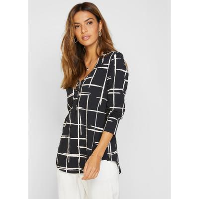 Blusenshirt BONPRIX, Damen, Gr. 48/50 (XL), schwarz (schwarz, weiß), Obermaterial: 95% Baumwolle, 5% Elasthan, figurumspielend, Shirts Blusenshirt, figurumspielende Passform, Longshirt-Design, mit gerundetem Saum
