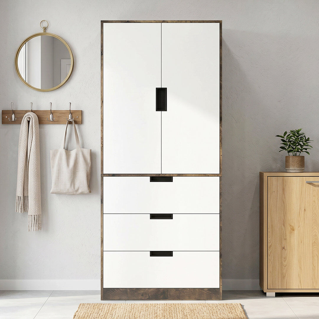 Brambly Cottage HOMCOM Modern Clothes Storage Cupboard Unit with Hanging Rod, Rustic Brown Rustic Brown 180cm H X 80cm W X 50cm D