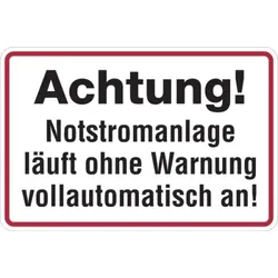 Hinweisschild, Achtung! Notstromanlage - 300x200 mm Folie selbstklebend