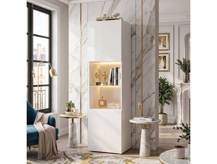 Vitrine Haute LED 45x35x160cm Gain de Place Design Laqué brillant avec Étagère Verre