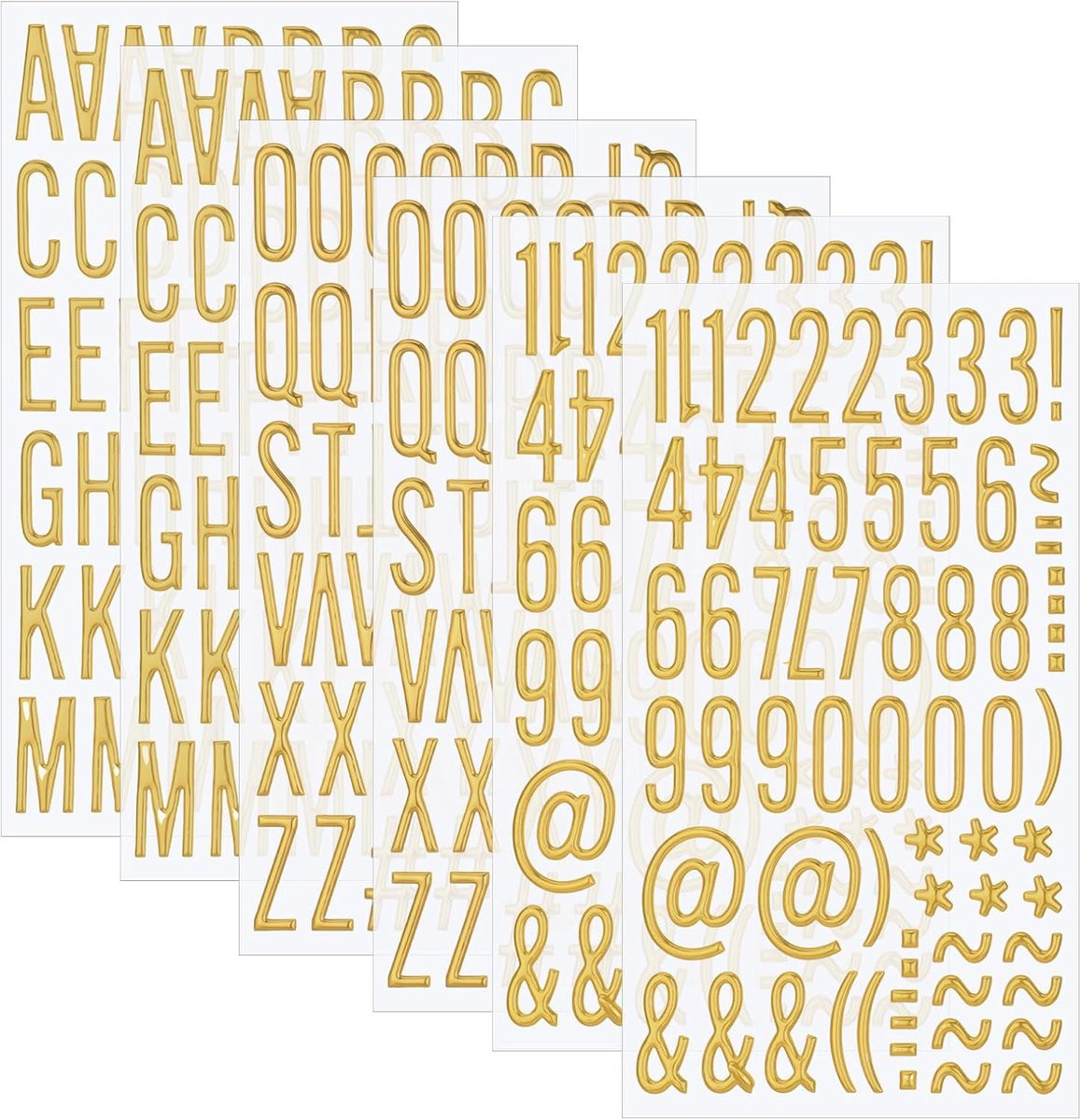 Gouden Letterstickers met Alfabet en Cijfers - 6 Vellen 3D Zelfklevende Stickers - Goud