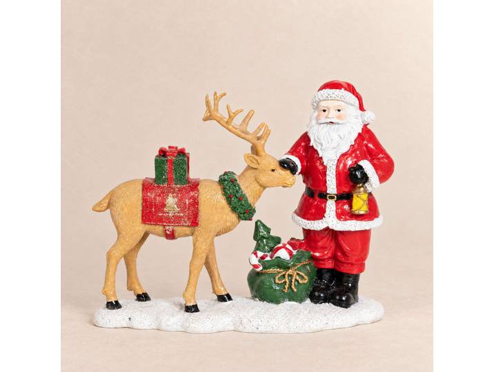 Weihnachtsdekoration: eine Szene mit dem Weihnachtsmann und einem bunten Rentier, H 15 cm