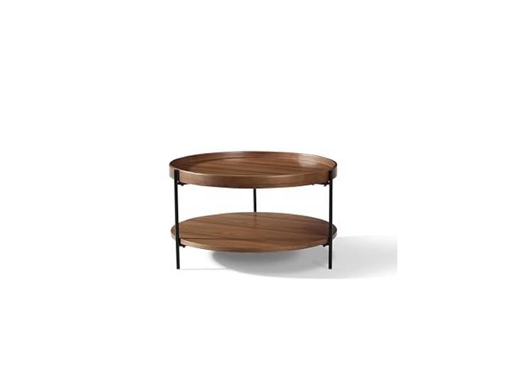 Modern 2-Tier Round Coffee Table, Nordic Style MDF with Real Wood Veneer Tray Center Table, Sturdy Metal Frame Coffee Table for Living Room (Walnut)