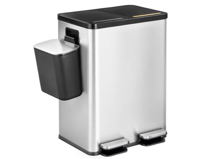 Hzuaneri Mülleimer Küche, 2 x 30 L+7 L, Mülltrennsystem 2 Fächer mit 7 L Komposteimer, Abfalleimer mit Soft-Close-Deckel und Pedal, Inneneimer Herausnehmbar, Edelstahl, Aufkleber, Silber SW23299E