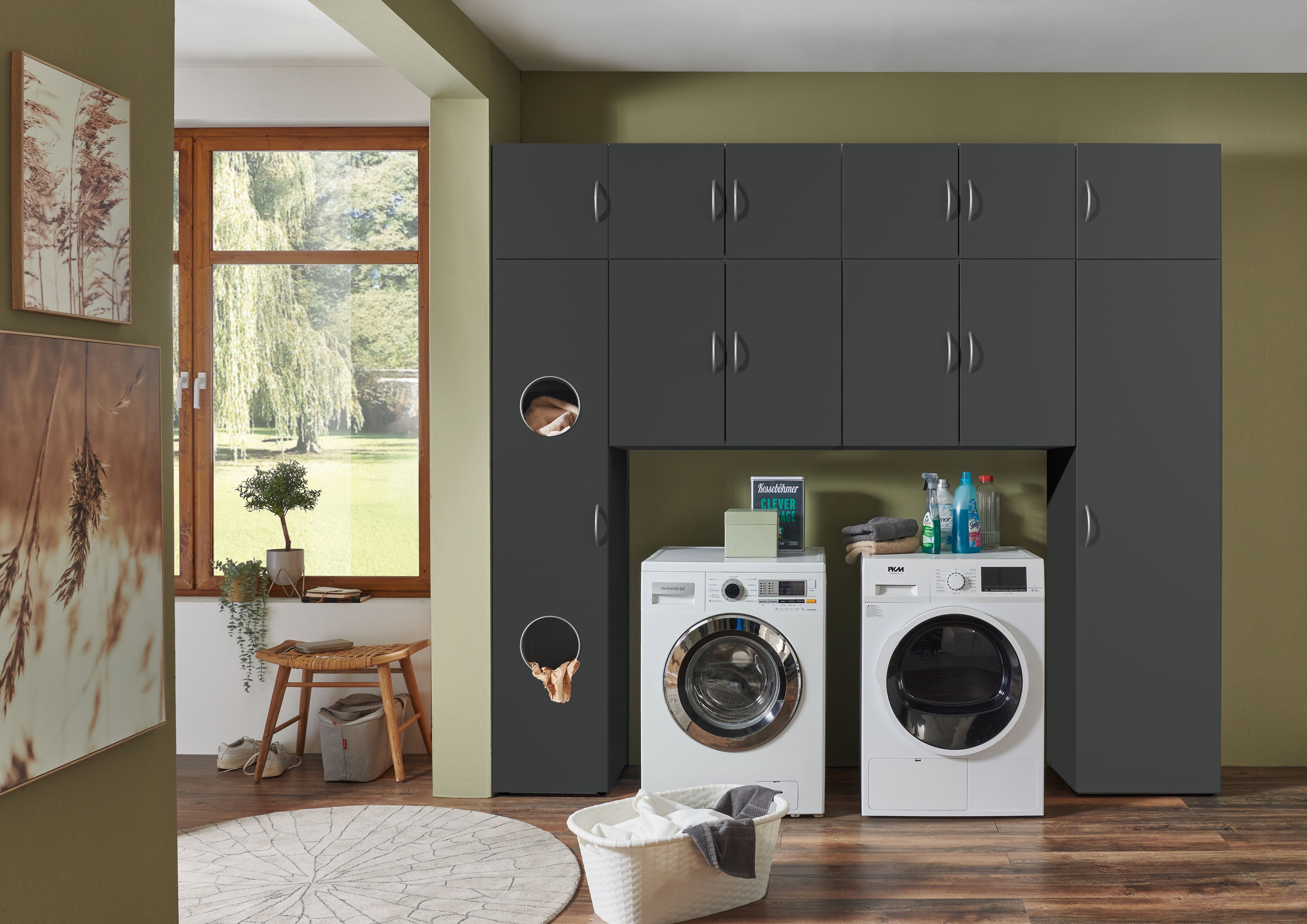 Mehrzweckschrank WIMEX "Multiraumkonzept, praktische Waschmaschinenlösung, Breite: 250cm", schwarz (grafit), B:250cm H:225cm T:40cm, Schränke, Mehrzweckschrank, erhältlich in den Farben grafit oder weiss grafit Grafit, B/H/T: 250cm x 225cm x 40cm