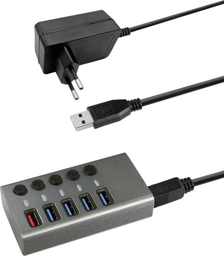 Maxtrack CH10L USB-Hub 5 Port USB-A USB 3.0 5 GBit/s einzeln schaltbar Silber-Grau CH10L