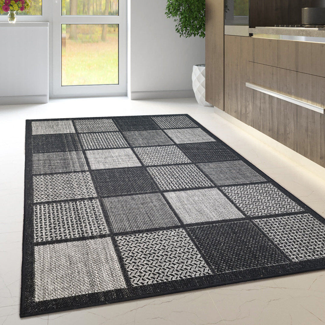 17 Stories Non Slip Rug Flat Weave Check Kitchen Living Room Carpet Black Rectangle 160 x 225 cm