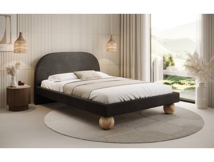 Designer Polsterbett Milo in Bouclé mit runden Holzfüßen - 180x200 - Grün - Luxusbetten24
