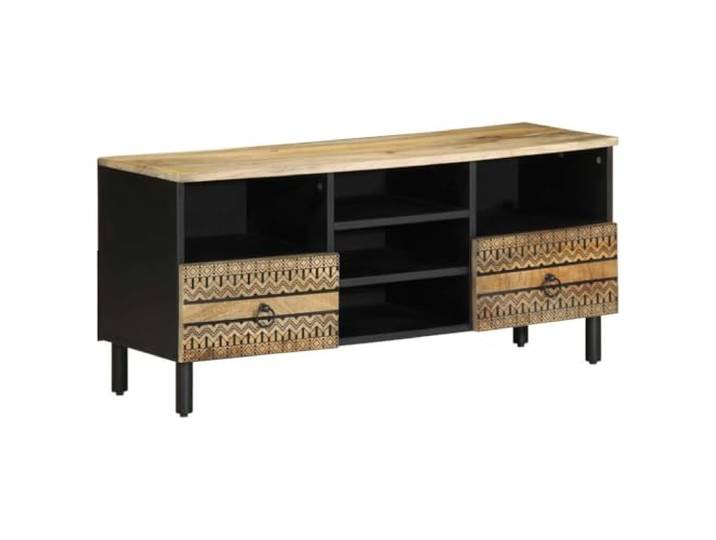 GHVBNMF TV-Schrank Schwarz 100x33,5x46 cm Mango Massivholz Lowboard Stilvolles Möbelstück fürs Wohnzimmer mit natürlicher Holzmaserung, zwei Schubladen und robustem Metallgestell.
