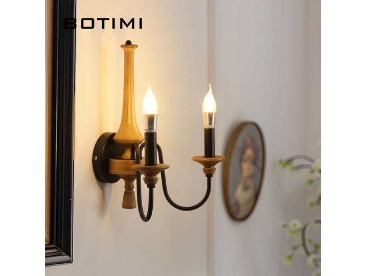 BOTIMI-Applique Murale Bougie en Bois Rétro, Lampe de Fond TV, 2 Bras, oral et Moderne, Décoration de Salon, Chambre à Coucher