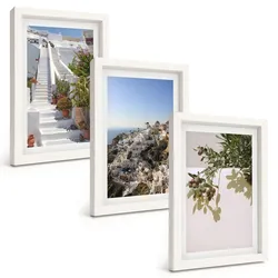 BILDER SET 3er Set - 20x30 cm Weißer Rahmen - Weiße Treppe mit Blick auf Santorini