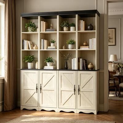 Kodotan sofa 4-in-1 Storage Cabinet, 3D Wood Grain Surface MDF Bookshelf, Open Display Cubbies & Closed Cabinets with Adjustable Shelf