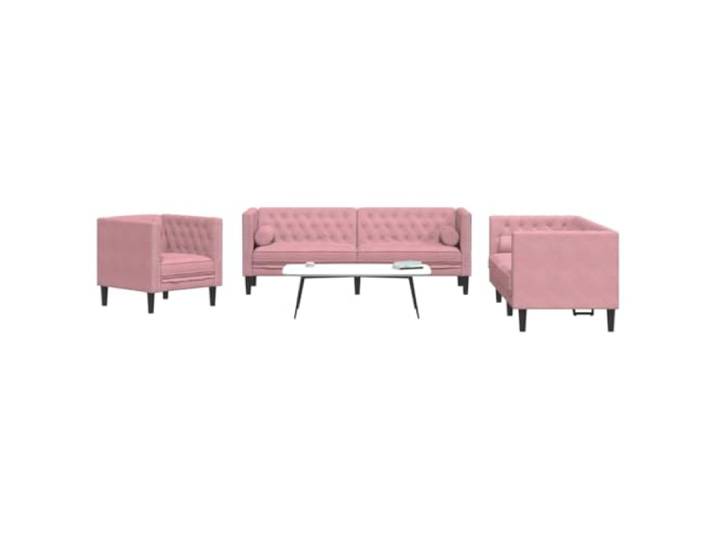 pokgdf 3-TLG. Chesterfield Sofa Set Rosa Samt Mit Nackenrollen, Dick gepolstert, Knopftuft-Design, Stabile Beine, Ideal zum Entspannen