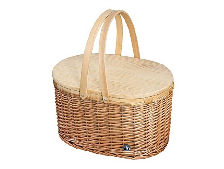 cilio Picknick-Korb Ancona, Für 4 Personen, Geflochtener Korb mit Deckel aus Kiefernholz, Picknickkorb mit Kühlfach inkl. Teller Set, Besteck und Gläsern, Weidenkorb mit Tragegriffen, Hellbraun