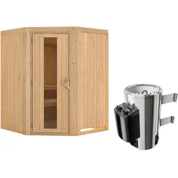 Karibu Sauna Nanja - 68 mm Systemsauna - 230 Volt Plug & Play-3,6 kW Plug&Play Ofen mit integrierter Steuerung-Ohne Dachkranz- Isolierte Saunatür inkl. gratis Zubehörpaket im Wert von 126,96€