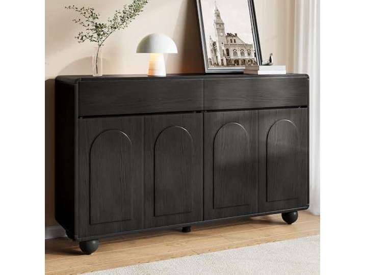 Merax Sideboard 140x38x89cm, mit geschwungenen Türen, 2 Schubladen, 4 Türen & höhenverstellbaren Regalen – Schwarz