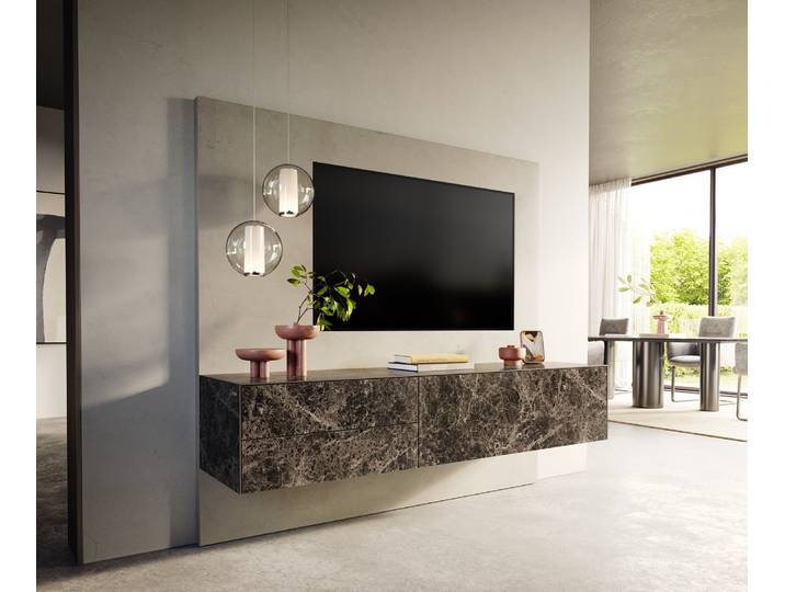 Meuble TV Cuor 180 cm Céramique Emperador Extra Lucidato brun foncé 1 Clapet 2 Tiroirs Flottant
