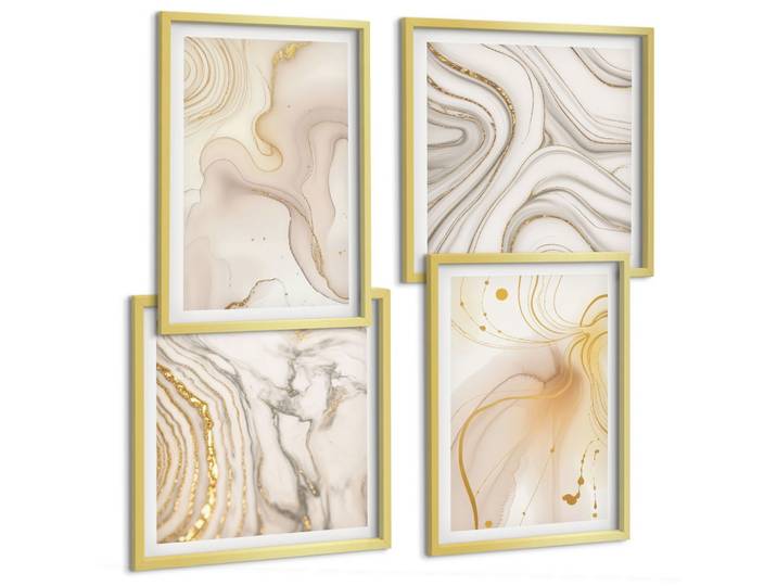 BILDER SET 4er Set - 50x50 cm & 40x60 cm Goldrahmen - Subtile abstrakte Muster