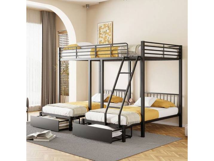 Lit triple convertible en 3 lits séparés dimensions 246x206x177 8cm rangements sous lit structure métal durable e LITS SUPERPOSES