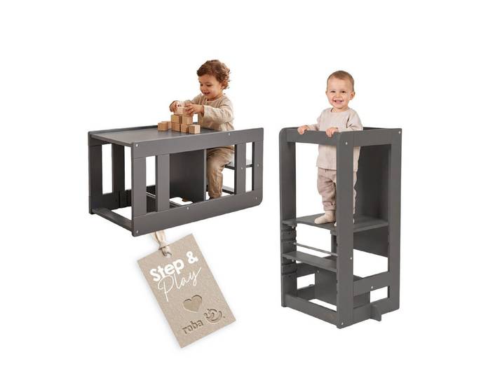 roba® Stehhilfe 2 in 1 Lernturm Step & Play - aus Holz - Montessori Küchenhelfer, auch nutzbar als Tisch mit Sitz - praktisch vielseitig