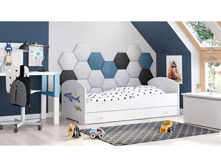 KOBI LUK Kinderbett mit Schublade, weiß für Kinderzimmer für einen Jungen und EIN Mädchen Schublade, Matratze, Rahmen inklusive (Shark, 160x80)