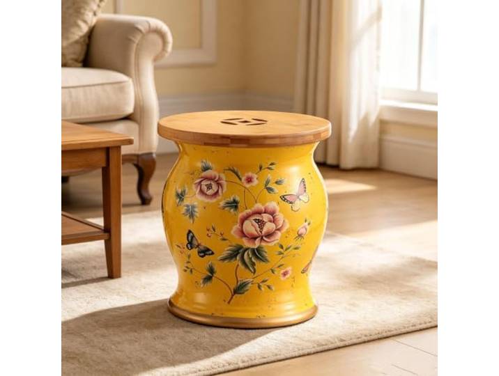 Chinoiserie Keramik Gartenhocker mit Stauraum,Dekorativer Trommelhocker Keramik Trommelhocker Chinoiserie mit Abdeckung,Mehrzweck Hocker, Beistelltisch für Wohnzimmer Foyer, Terrasse(23)