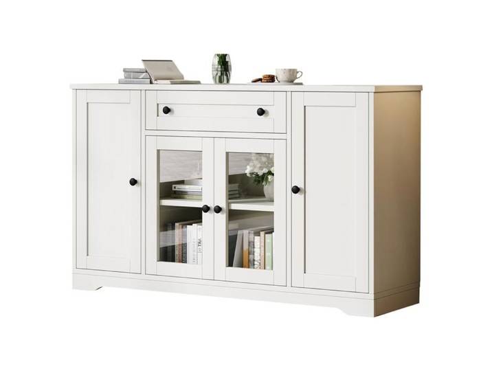 Buffet Blanc Moderne avec 4 Portes 2 Portes en Verre 1 Tiroir Poignée Ronde Noire Buffet Salle à Manger et Cuisine 138x40x83cm