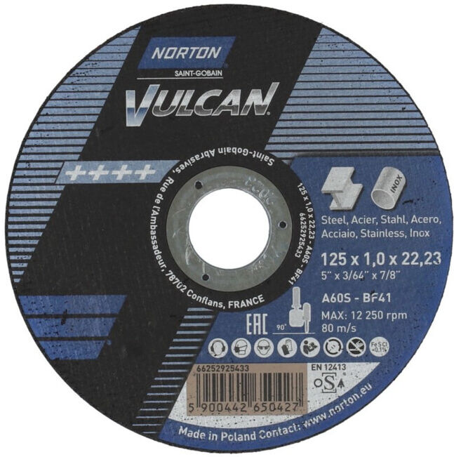 Norton VULCAN Disque de coupe métallique inox droit ultrafin 125x1x22,23 ; Saint-Gobain (66252925433)