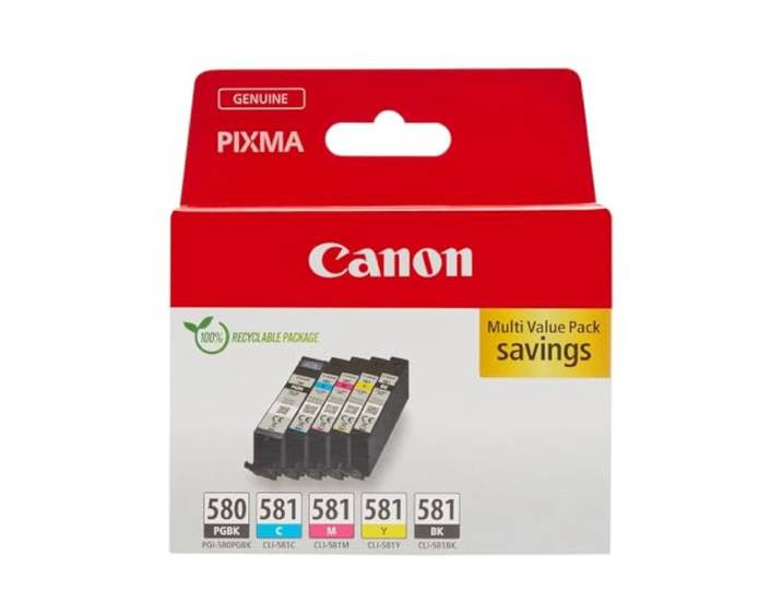 Canon PGI-580 + CLI-581 Multipack Cartouches d'encre d'origine Encre Canon authentique - Noir Pigmenté plus Noir\, Cyan\, Magenta et Jaune - pour PIXMA TR8550\, TR7550\, TS6150 et plus !