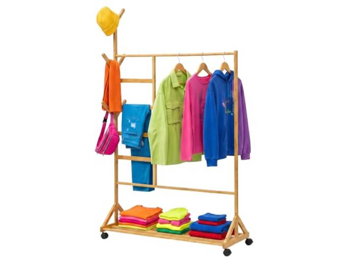 Relaxdays Porte-vêtements à roulettes\, Bambou\, étagère Chaussures\, Naturel Porte-manteau sur pied\, H x l x P : 171 x 97 x 37 cm\, porte-manteau à roulettes