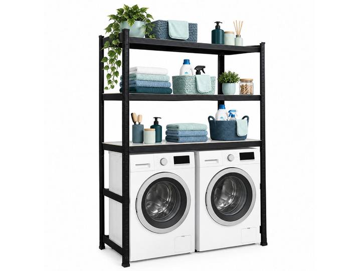 Relaxdays Waschmaschinenregal Schwarz über Waschmaschine, Metall, Holzwerkstoff, Kunststoff, 130x180x40 cm, Waschküche, Waschmaschinenschrank