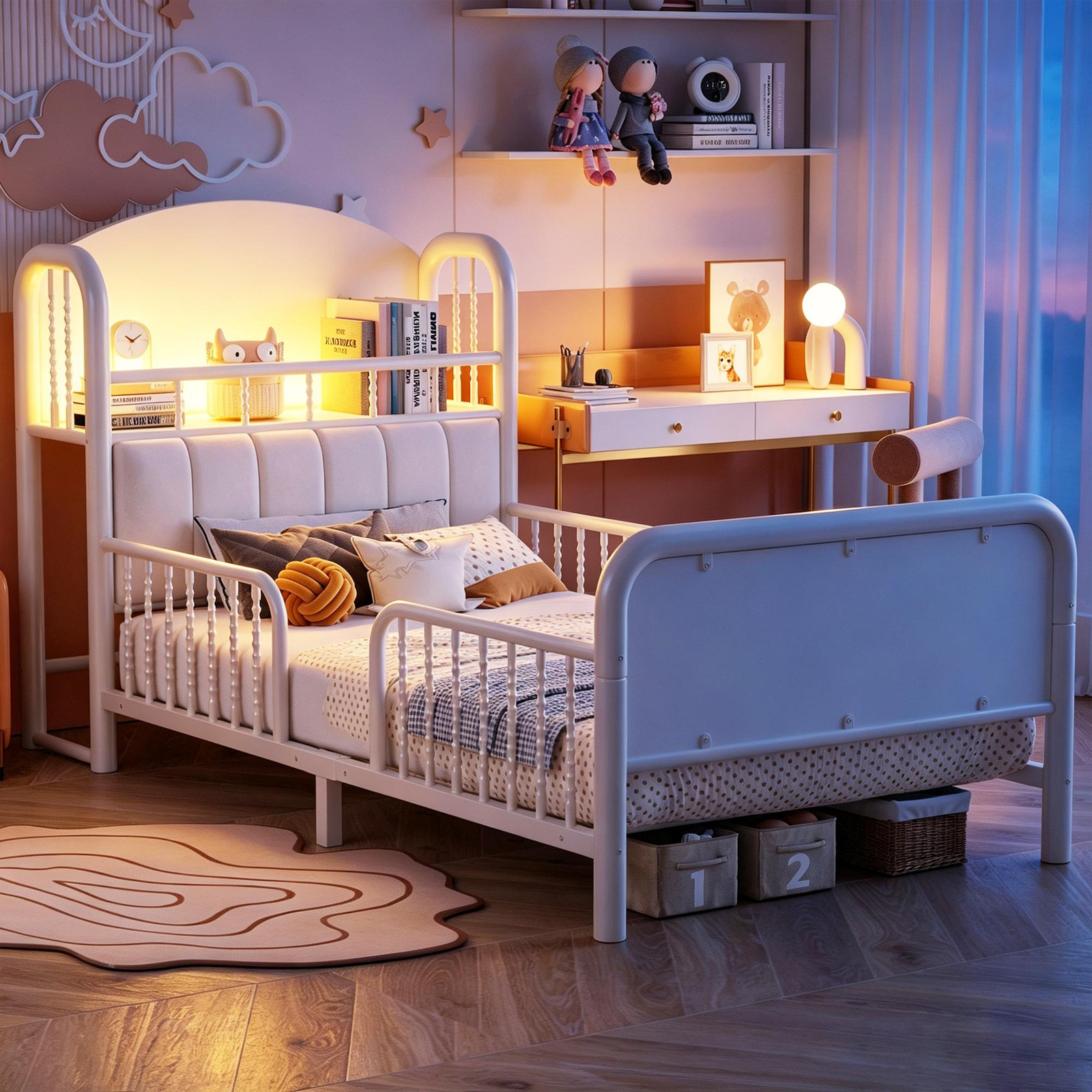 Alforigo Babybed met LED-verlichting en nachtkastje, Wit, 90 x 200 cm