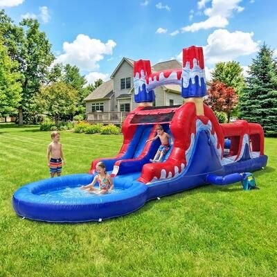 POP JUMP Ice Rocket 28 Ft. Inflatable Obstacle Course Dual Lane Water Slide & Deep Pool, Wet/Dry Outdoor Party, Includes Blower