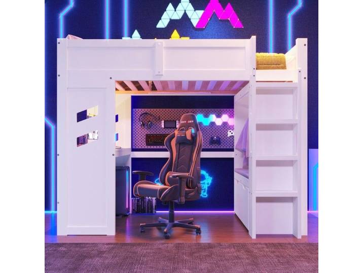 Lit Mezzanine Gaming 90x200cm Bureau LED USB/Type-C Échelle Tiroir Portant Blanc - sans matelas