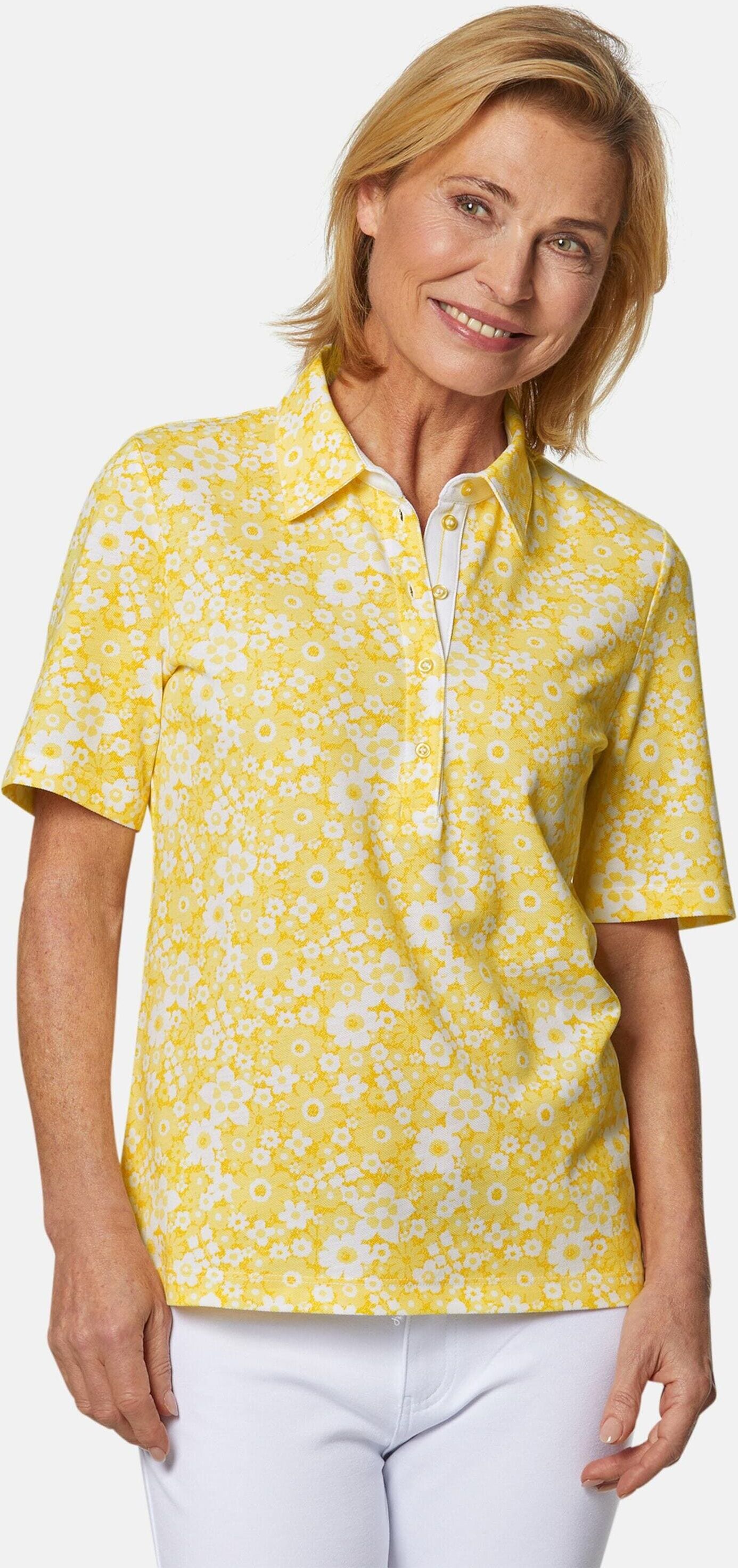 Poloshirt GOLDNER "Pikee-Druckpoloshirt", Damen, Gr. 54, weiß (margerite, weiß), Obermaterial: 100% Baumwolle CO., normal, Sonstiges, Shirts Poloshirt, Ohne