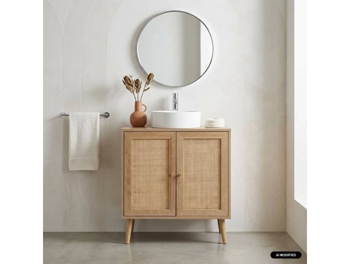 Meuble sous lavabo décor bois et cannage naturel