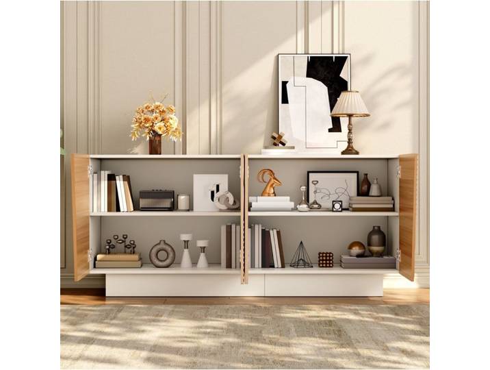Buffet bas 4 portes rangement avec étagères réglables PB et MDF blanc et naturel