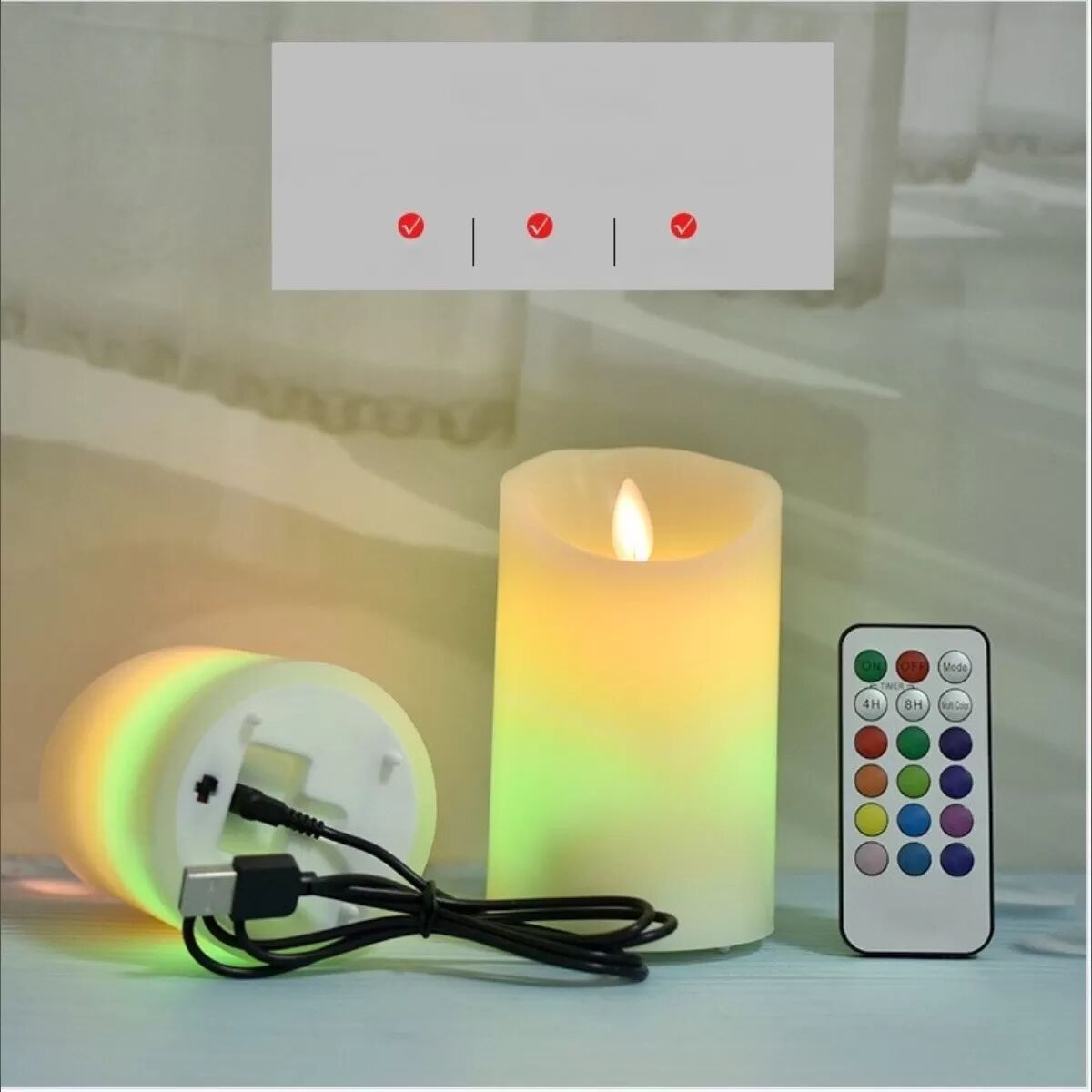 INF Wiederaufladbare LED-Flammenlose Kerze mit Fernbedienung - 7,5x18cm, Flackernder Docht